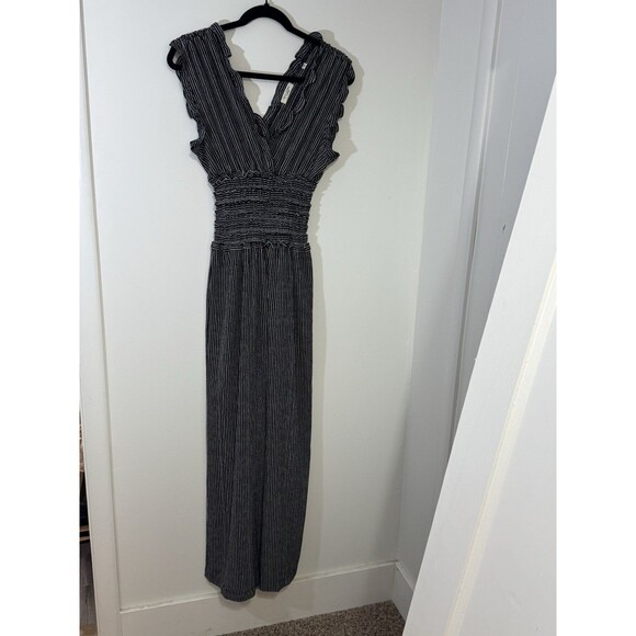 Pants - francesca's Black White Striped Sleeveless Wide-Leg Jumpsuit Ruffle Trim S